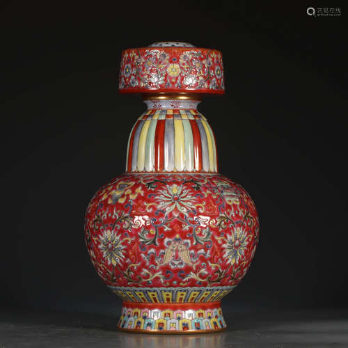 A Chinese Red Ground Famille Rose Floral Porcelain Penba