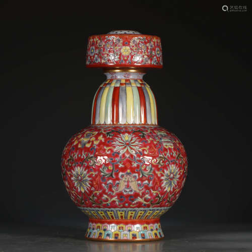 A Chinese Red Ground Famille Rose Floral Porcelain Penba