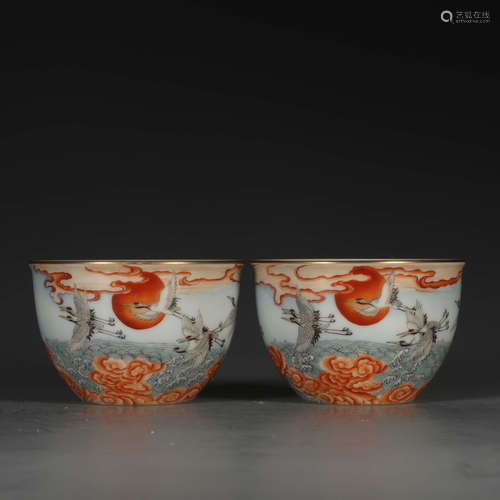 A Pair of Chinese Famille Rose Floral Porcelain Cups