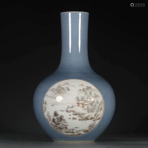 A Chinese Azure Glazed Grisaille Landscape Painted Porelain Tianqiuping Vase