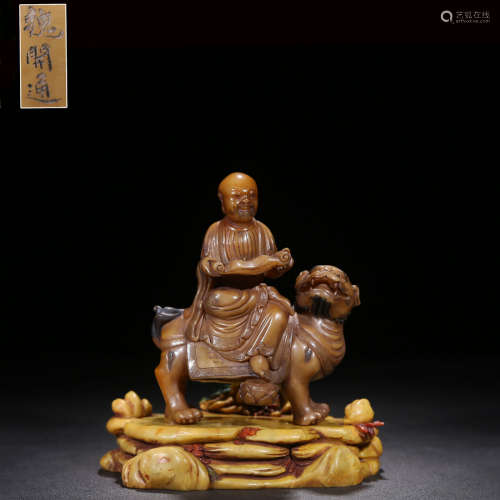 A Chinese Shoushan Stone Carved Colored Drawing Arhat Statue