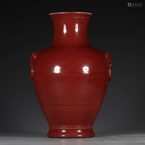 A Chinese Altar Red Glazed Double Ears Porcelain Vase