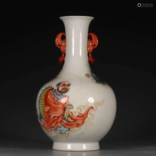 A Chinese Famille Rose Arhat Painted Porcelain Double Ears Vase