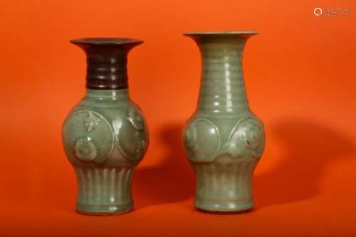 TWO CHINESE LONGQUAN CELADON MOULDED VASE. / A CHINESE LONGQUAN CELADON MOULDED VASE.