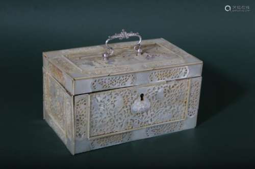 A CHINESE CARVED MOTHER-OF-PEARL RECTANGULAR TEA CADDY.