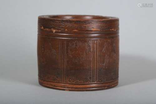 A CHINESE YIXING ZISHA 'EIGHT IMMORTALS' TEA CADDY AND COVER.