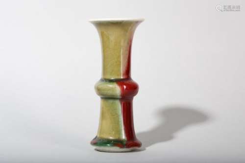 A SMALL CHINESE COPPER RED AND OLIVE GREEN-GLAZED VASE, GU.