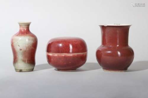 THREE CHINESE COPPER RED-GLAZED SCHOLAR'S DESK ITEMS.