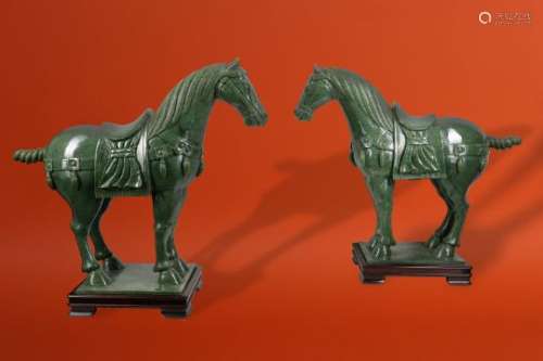 A PAIR OF LARGE CHINESE SPINACH-GREEN HORSES.