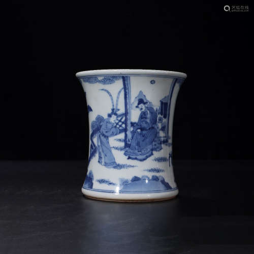 A Chinese Blue and White Landscape And Figures Porcelain Brush Pot