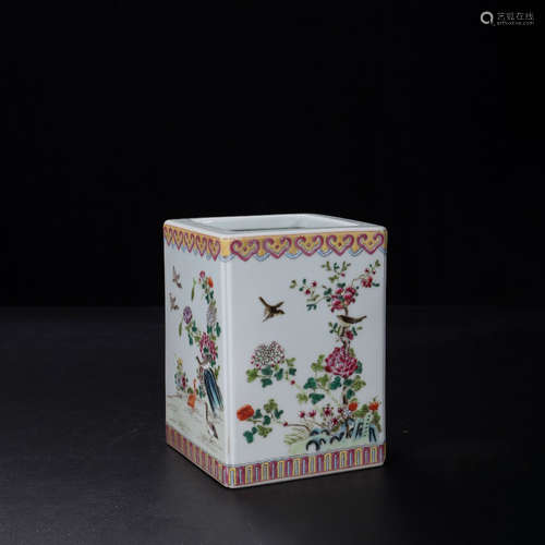 A Chinese Famille Rose Porcelain Squared Brush Pot