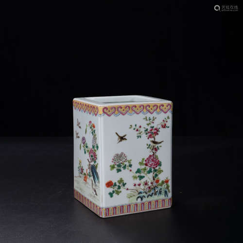 A Chinese Famille Rose Porcelain Squared Brush Pot
