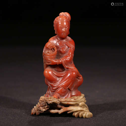 A Chinese Shoushan Ross Quartz Stone Carved Sitting Guanyin Statue