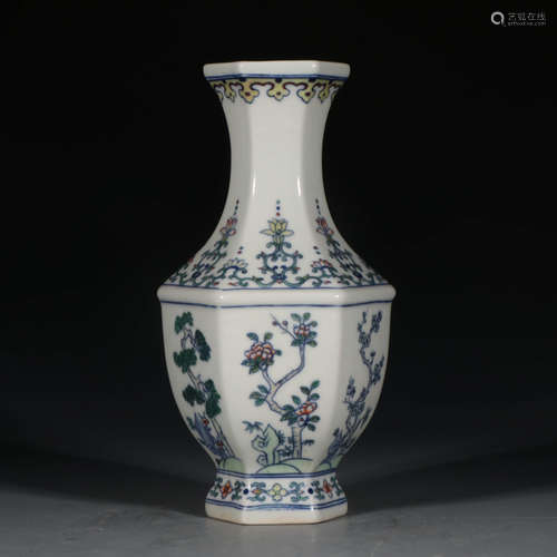 A Chinese Doucai Floral Porcelain Hexagonal Vase