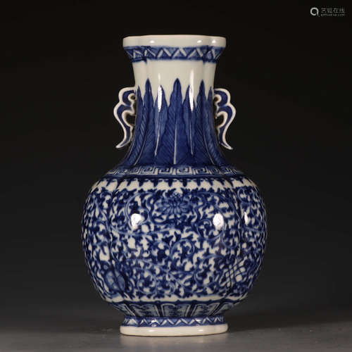 A Chinese Blue and White Interlocking Lotus Floral Porcelain Vase With Double Ears