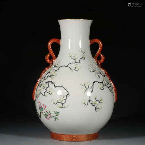 A Chinese White Glazed Famille Rose Porcelain Vase With Double Ears