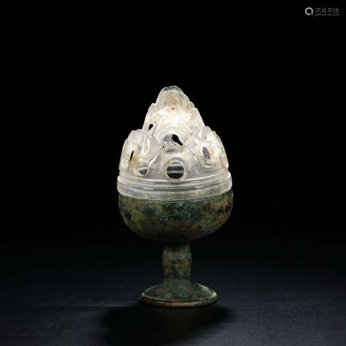 A Chinese Bronze and Crystal Incense Burner