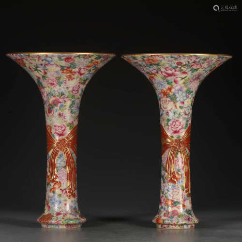A Pair of Chinese Iron-Red Famille Rose Gilt Porcelain Beaker Vases