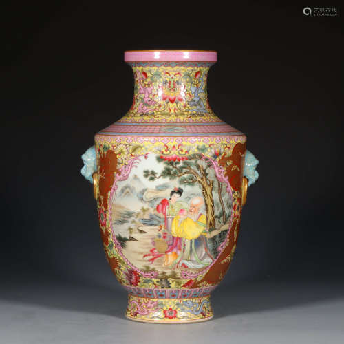 A Chinese Famille Rose Gilt Interlocking Lotus Immortal Porcelain Vase With Double Ears