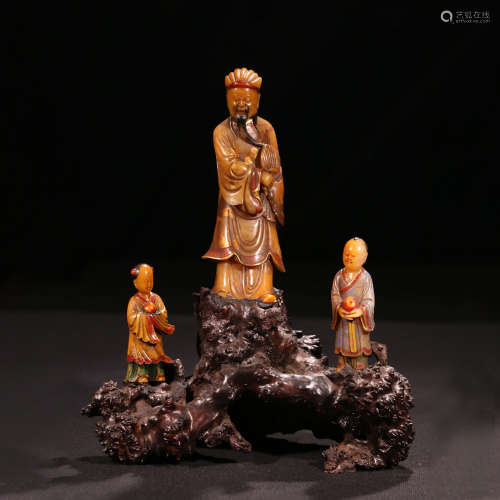 A Set of Chinese Shoushan Rose Quartz Stone Carved Figures