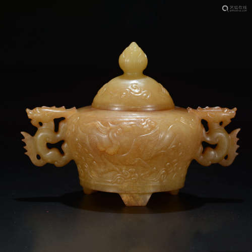A Chinese Hetian Jade Chi Dragon Censer and Cover