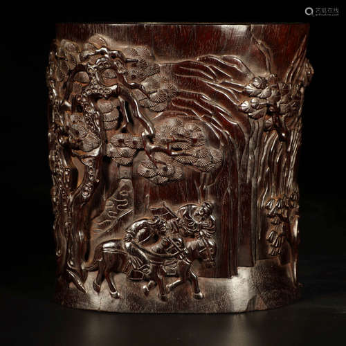 A Chinese Red Sandalwood Carved Brush Pot