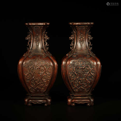 A Pair of Chinese Aloeswood Carved Dragon Pattern Vases