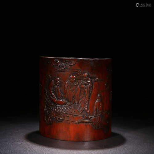 A Chinese Bronze Carved Arhat Brush Pot