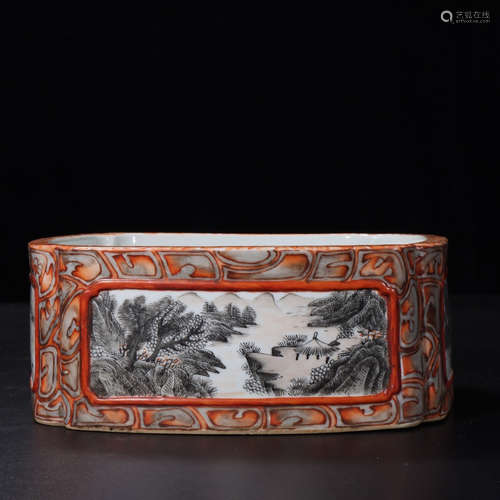 A Chinese Wood-grain-glazed Grisaille Landscape Porcelain Washer