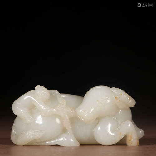 A Chinese Hetian Jade Boy And Sheep Ornament