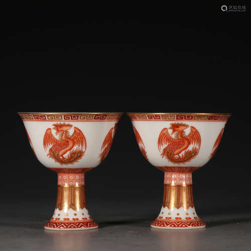 A Pair of Chinese Copper Red Gilt Pheonix Porcelain Stem-Cups