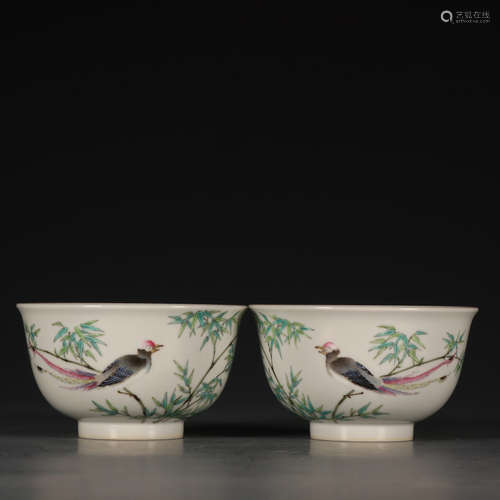 A Pair of Chinese Famille Rose Flower and Birds Porcelain Cups