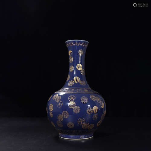 A Chinese Deep Blue Glazed Floral Porcelain Pear-shaped Vase