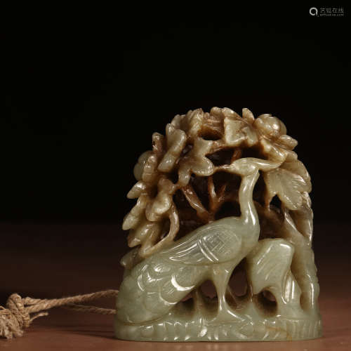 A Chinese Hetian Jade Crane and Deer Ornament