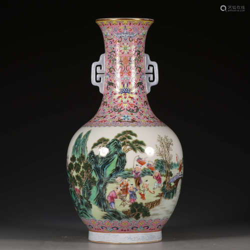 A Chinese Famille Rose Boys Porcelain Vase With Double Ears