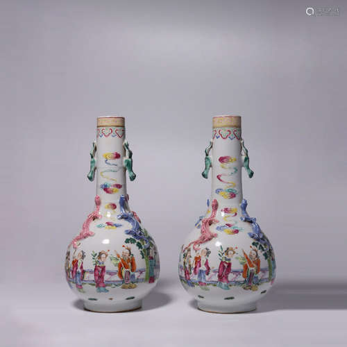 A Pair of Chinese Famille Rose Figures Porcelain Bottle Vases