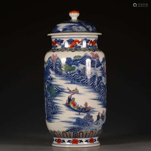 A Chinese Blue and White Famille Rose Landscape and Figures Porcelain Jar And Cover