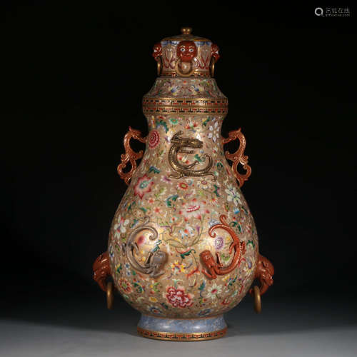 A Chinese Enamel Gilt Floral Chi Dragon Porcelain Zun With Double Ears