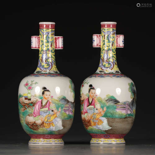 A Pair of Chinese Enamel Figures Porcelain Vases With Double Tubular Ears