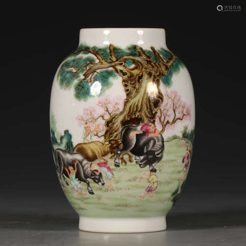 A Chinese Famille Rose Boy and Cattle Porcelain Lantern-shaped Vase