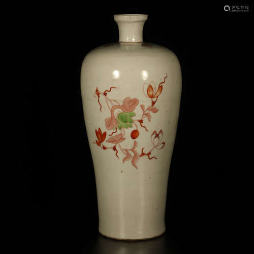 A Chinese Red And Green Floral Porcelain Plum Vase