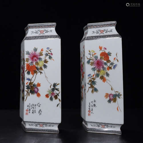 A Pair of Chinese Famille Rose Porcelain Squared Vases