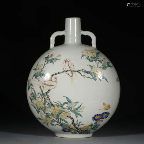 A Chinese Famille Rose Flower And Bird Porcelain Moonflask