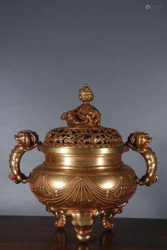 A Chinese Gilt Bronze Dragon-Ear Censer