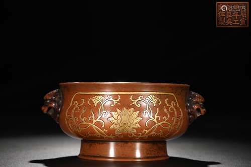 A Chinese Gilt Bronze Censer Lotus Pattern&Lion-Ear