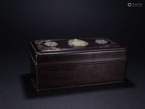 A Chinese Rosewood Poetry Box With Lid Embeded Jade