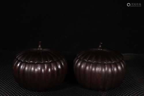 Pair Of Chinese Rosewood Jars Of Pumpkin Shaped