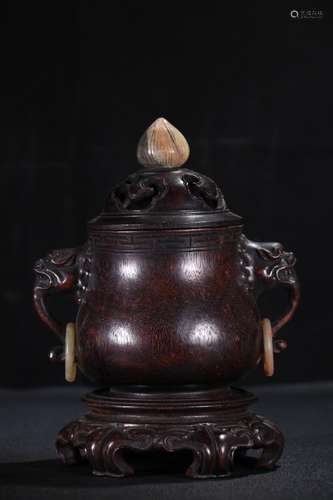 A Chinese Rosewood Censer With Shoushan Stone Button