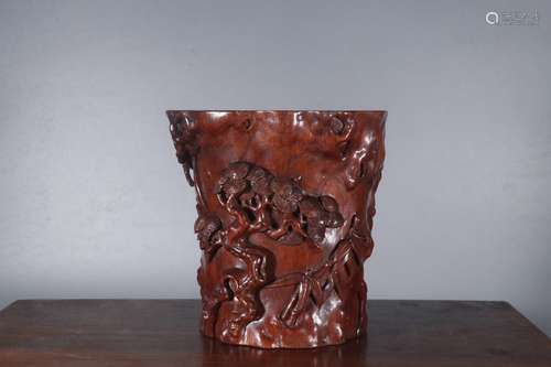 A Chinese Rosewood Figure-Story Brush Pot