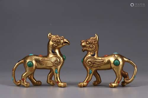 Pair Of Chinese Gilt Bronze Beast Ornaments